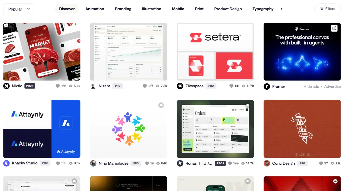 Dribbble-Feed „Popular“ mit Filterchips für Animation, Branding, Illustration und Mobile sowie Shots mit Likes und Views