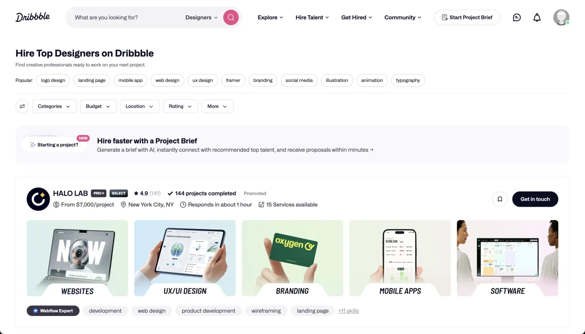 Dribbble Hire Top Designers Seite mit Studio HALO LAB und Skill-Filtern
