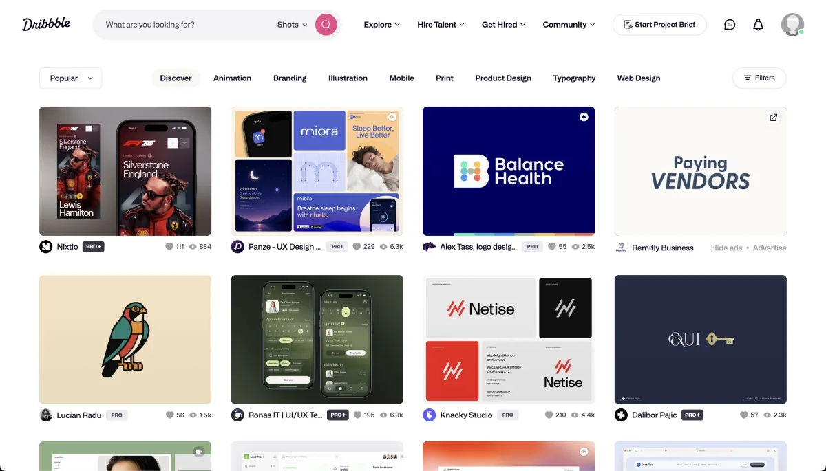 Dribbble Discover-Feed mit Kategorie-Filtern für UI, Animation, Illustration und mehr