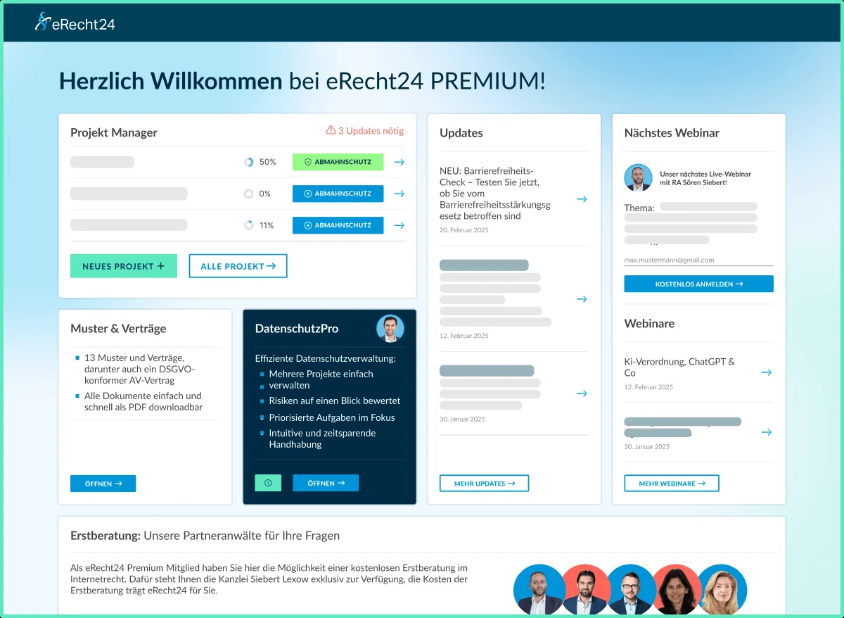 eRecht24 Premium-Dashboard mit Projekt-Manager und Abmahnschutz
