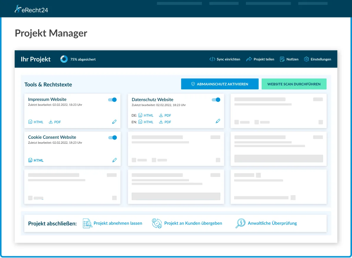 eRecht24 Projekt-Manager mit Projektfortschritt, Rechtstexten für Impressum, Datenschutz und Cookie-Consent sowie Website-Scan