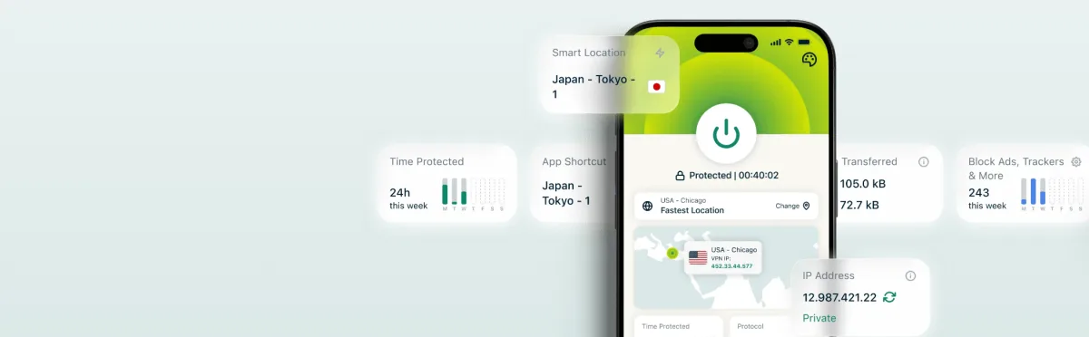 ExpressVPN app on a smartphone with one-tap connection, Smart Location, IP display and tracker blocker