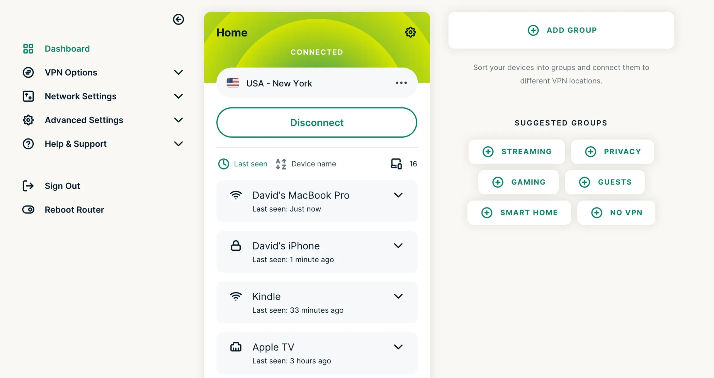  Clear dashboard with connection status and settings overview (excerpt from  expressvpn  .com ) 