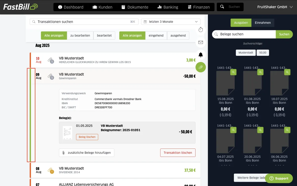 FastBill Dashboard mit Rechnungs-, Beleg- und Banking-Übersicht