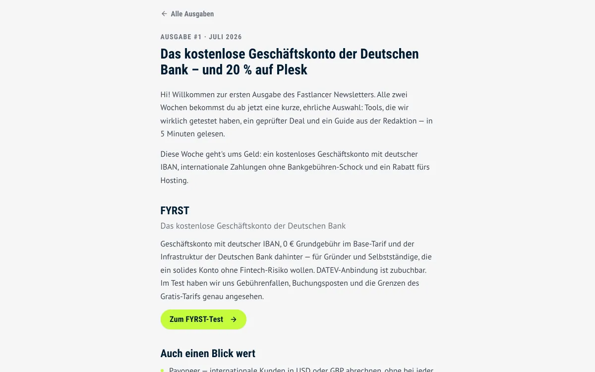 Eine Ausgabe des Fastlancer-Newsletters mit Tool-Nennungen