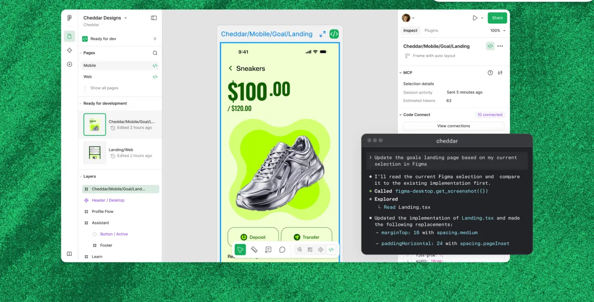 Figma Dev Mode: Seiten und Ebenen links, Mobile-Design in der Mitte, rechts das Inspect-Panel mit MCP-Verbindung und Code Connect