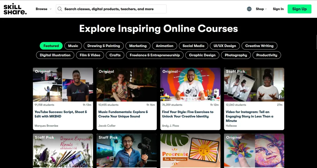   A broad range of online courses for virtually any skill you want to develop. (Excerpt from    skillshare.com   )  