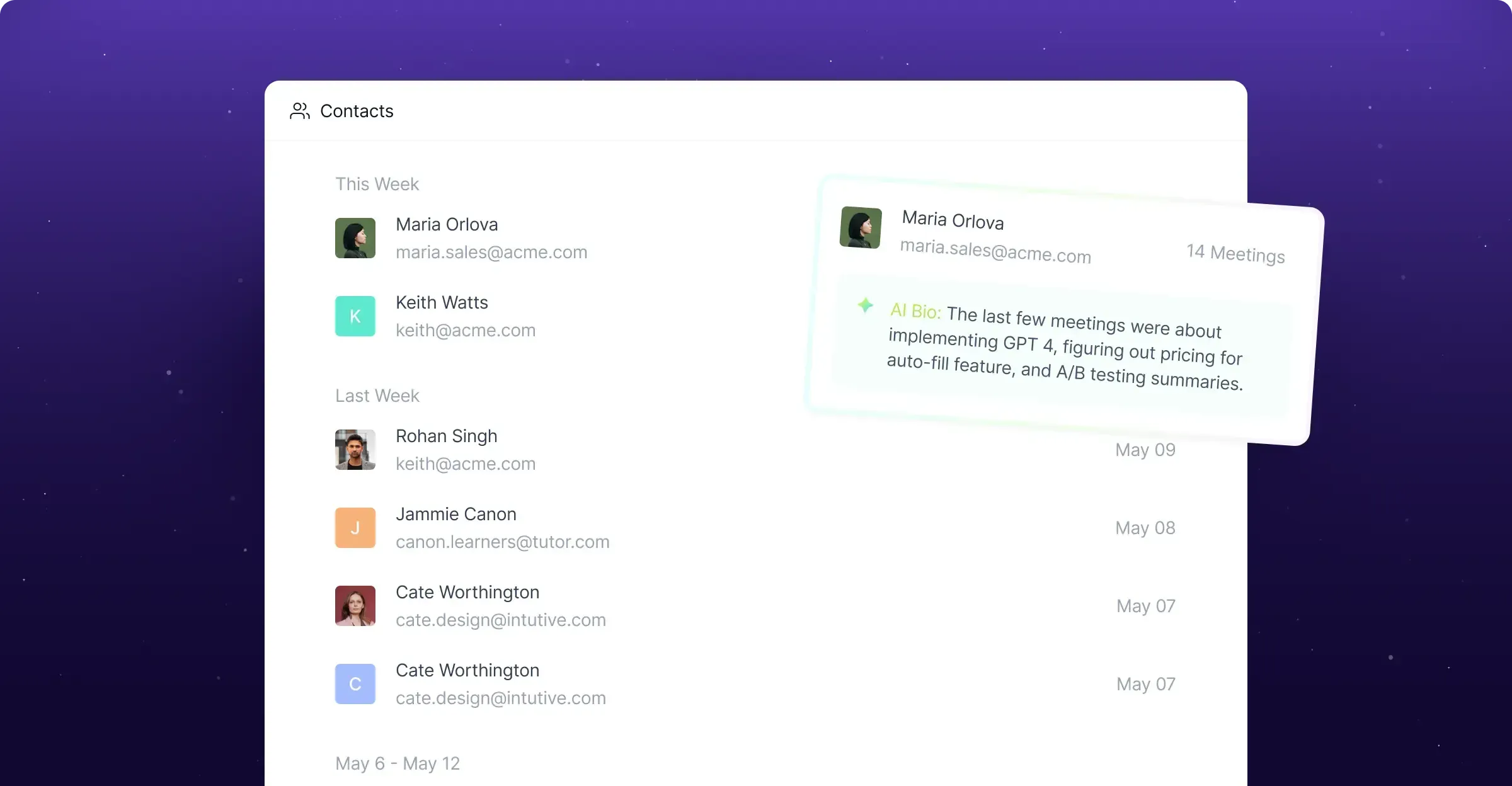 Fireflies Kontakte mit CRM-Sync-Übersicht