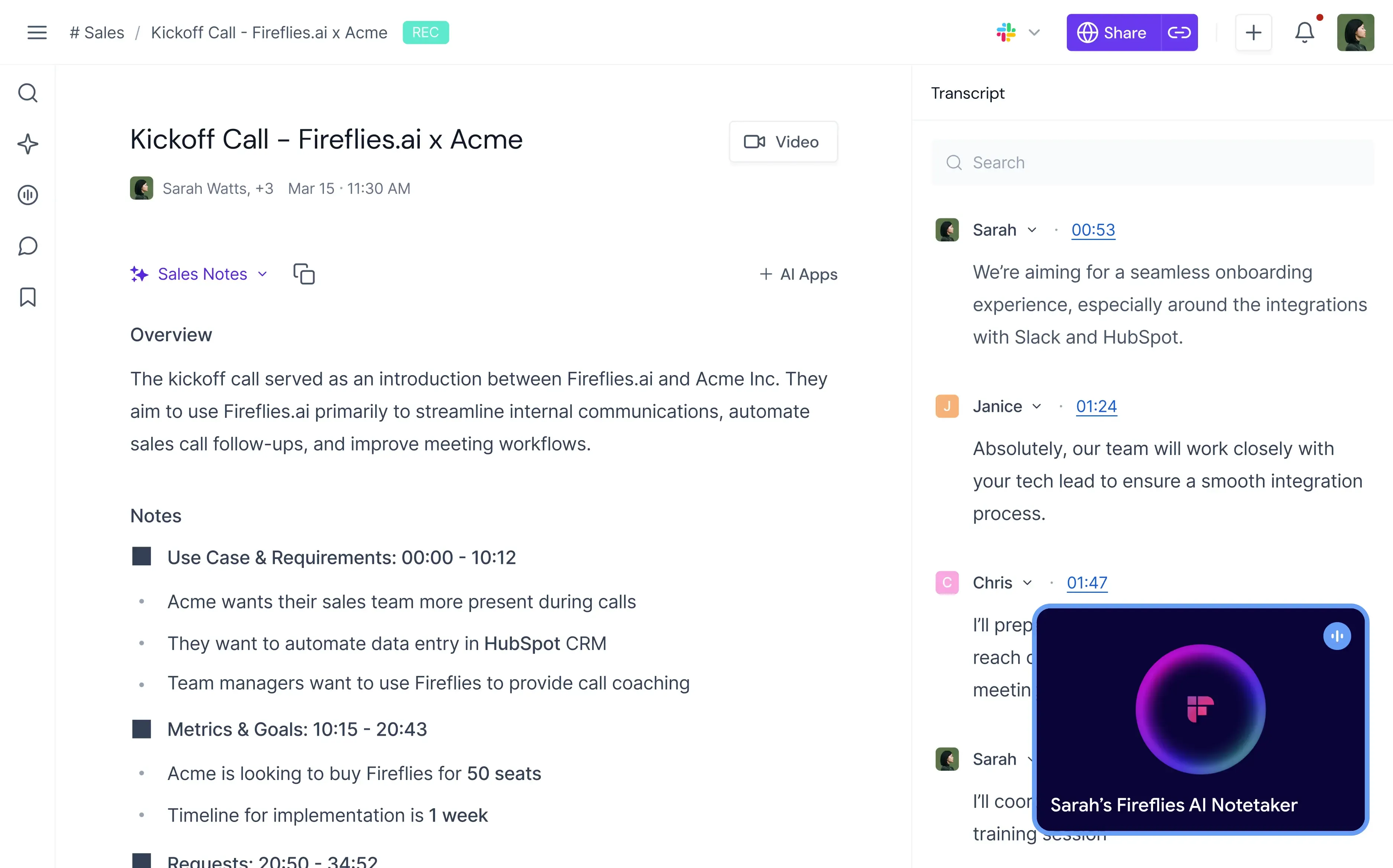 Fireflies.ai Meeting-Dashboard mit AskFred und Transkript