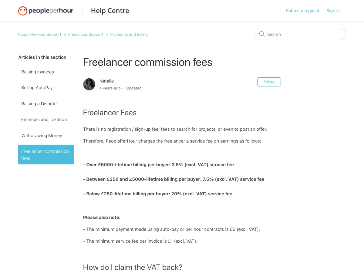 PeoplePerHour help centre article listing the three commission tiers by lifetime billing per buyer