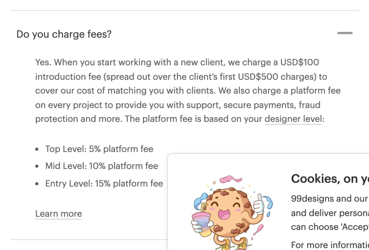 99designs designer page showing platform fees by level and the introduction fee