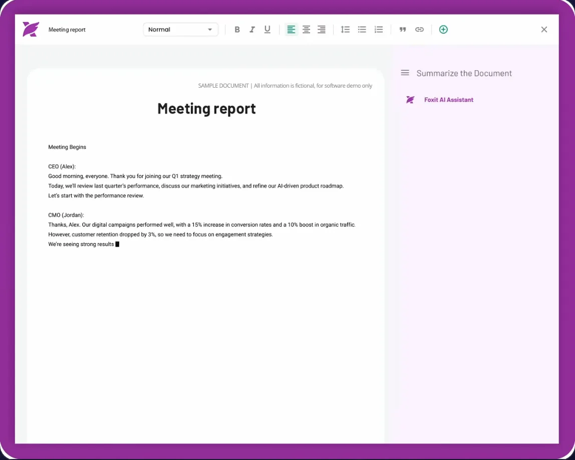 Foxit PDF Editor with an open meeting report and the AI Assistant “Summarize the Document” in the right panel