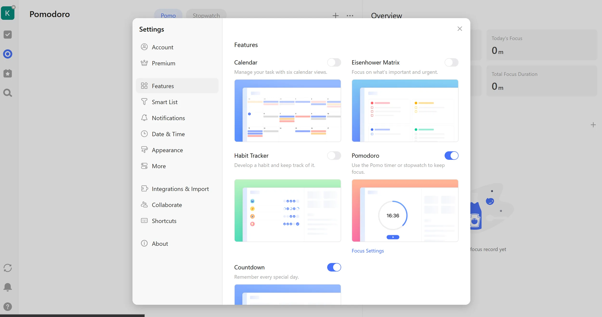   A broad feature set and extensive settings in TickTick. (Own screenshot from TickTick)  