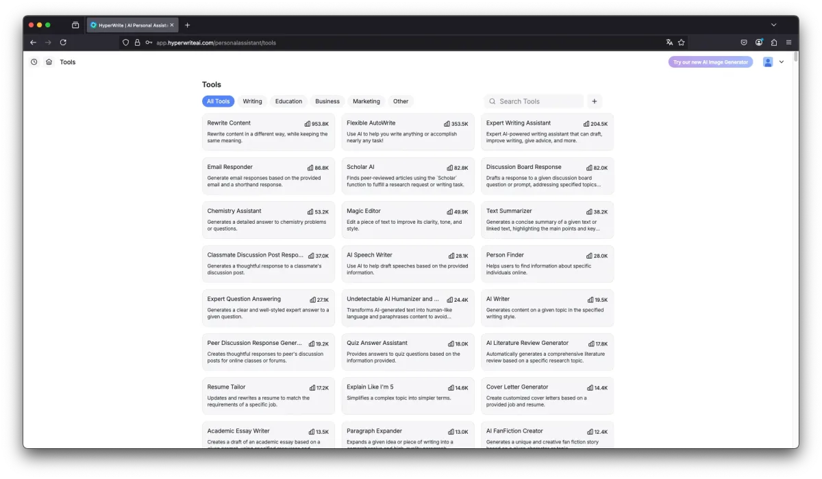   Extensive tool and feature library in HyperWrite. (Excerpt from HyperWrite)  