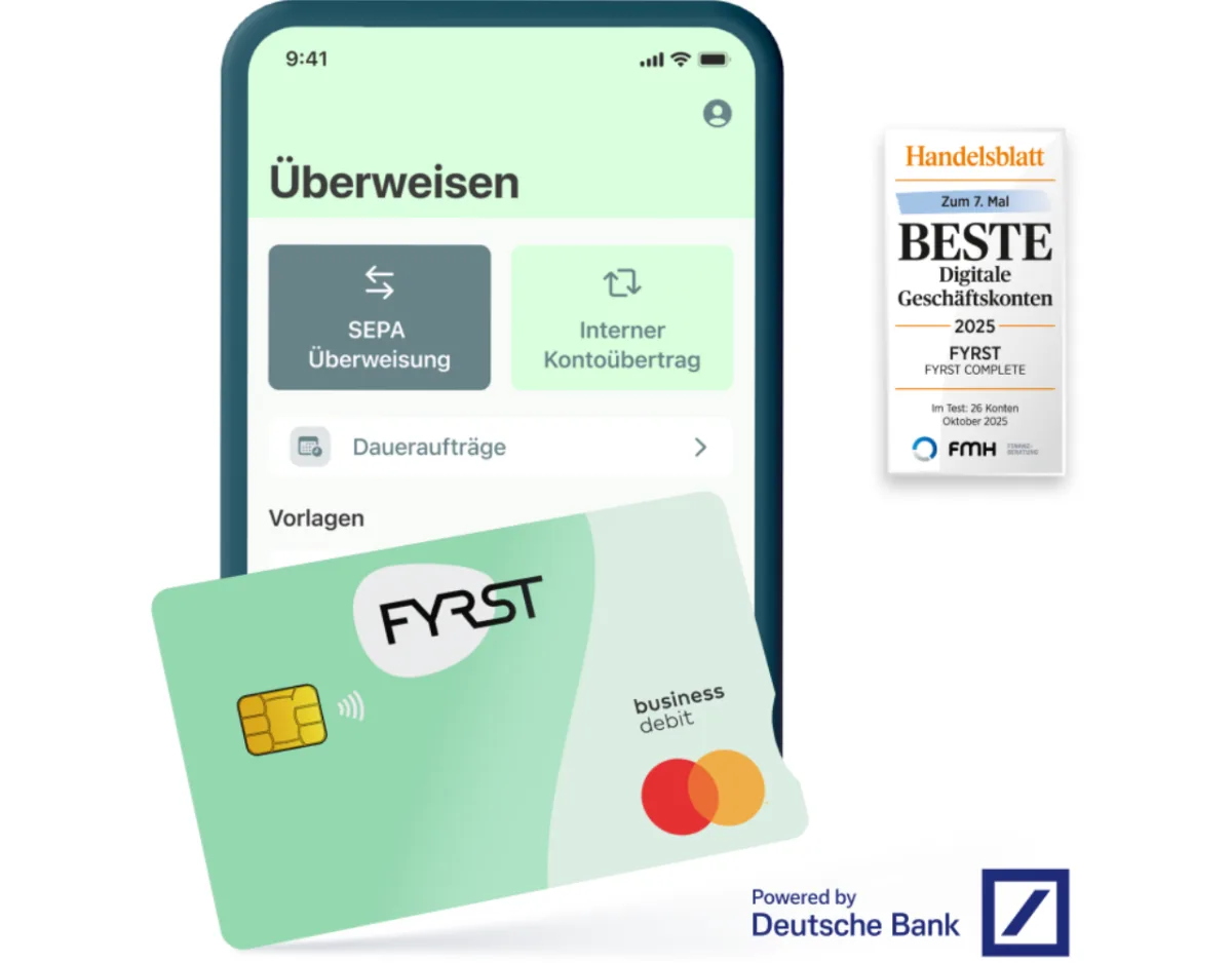 FYRST-App mit dem Menü „Überweisen“ (SEPA, interner Kontoübertrag, Daueraufträge), der FYRST-Business-Karte und dem Handelsblatt-Siegel