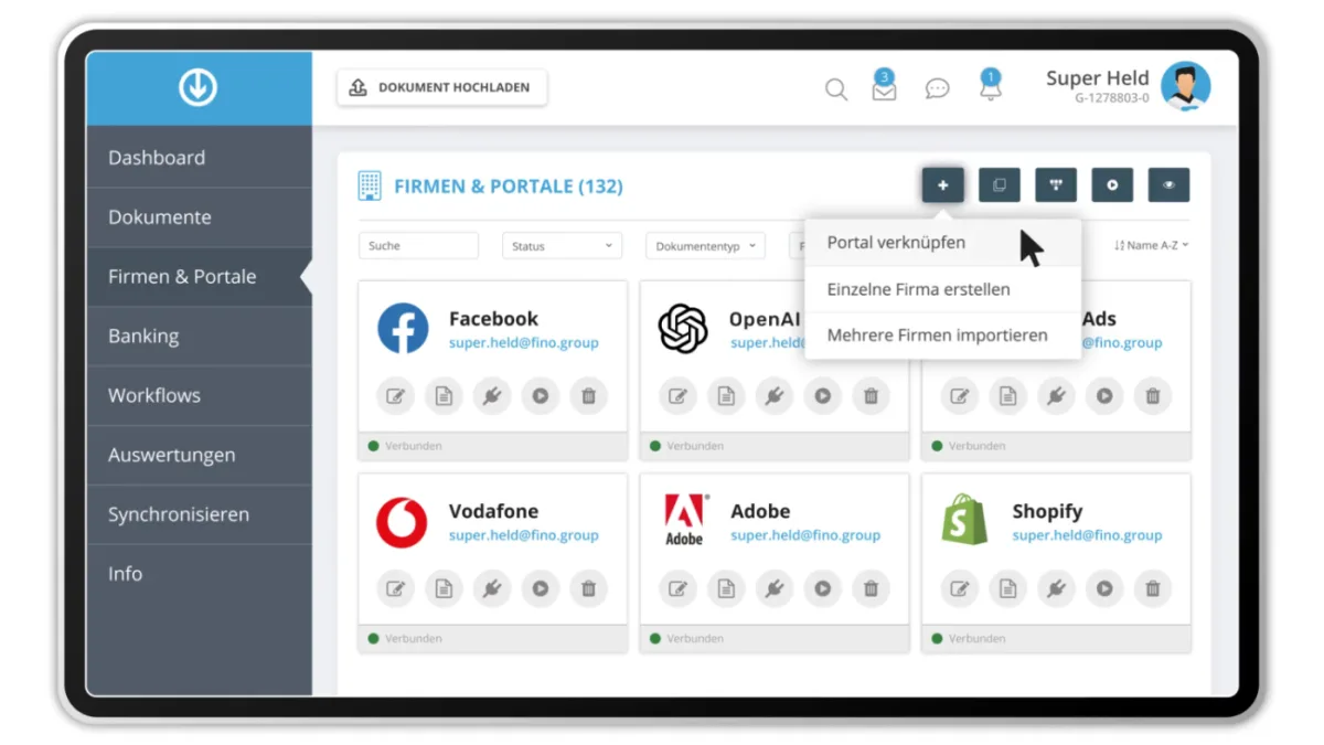 GetMyInvoices: Übersicht „Firmen & Portale“ mit verbundenen Konten wie Facebook, OpenAI, Vodafone, Adobe und Shopify