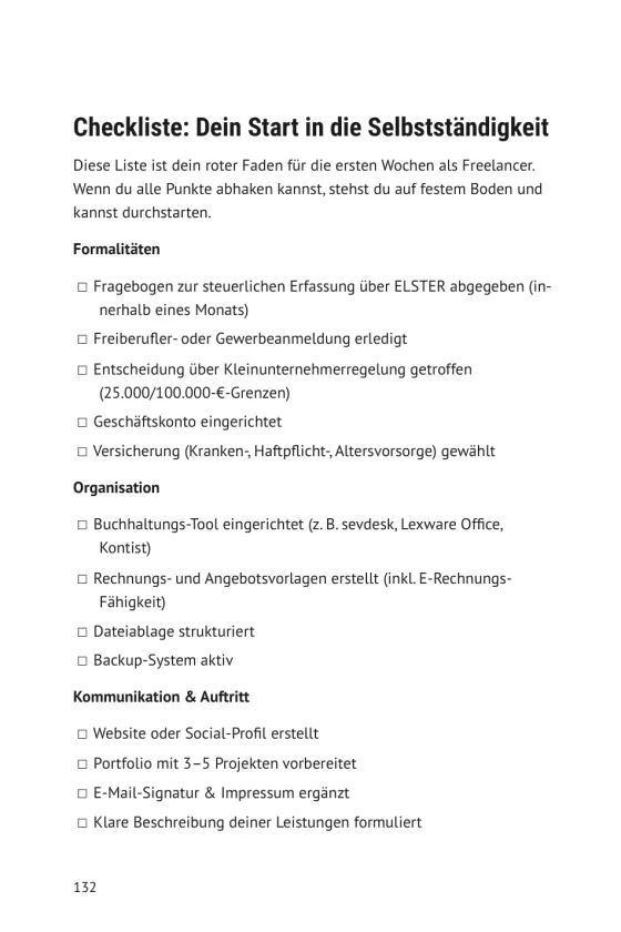 Buchseite: Checkliste für den Start