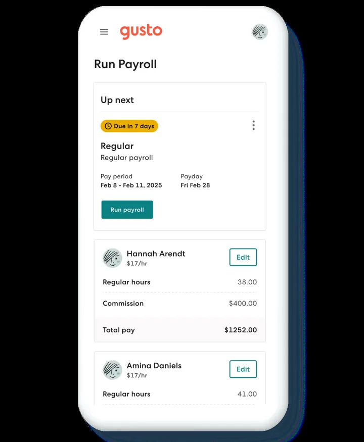 Gusto Run Payroll view on a smartphone