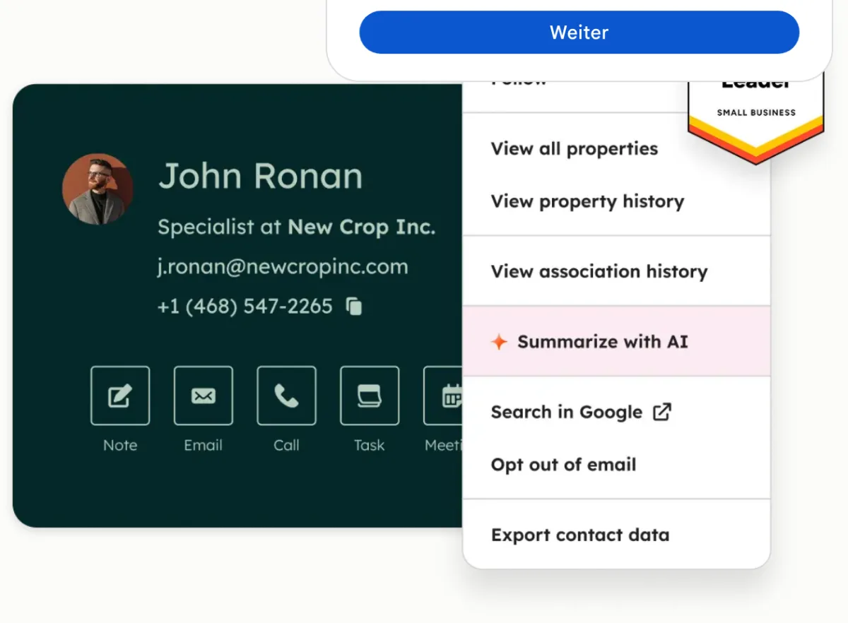 HubSpot-Kontaktdatensatz mit Aktionen für Notiz, E-Mail, Anruf und Aufgabe sowie dem Menü mit „Summarize with AI“