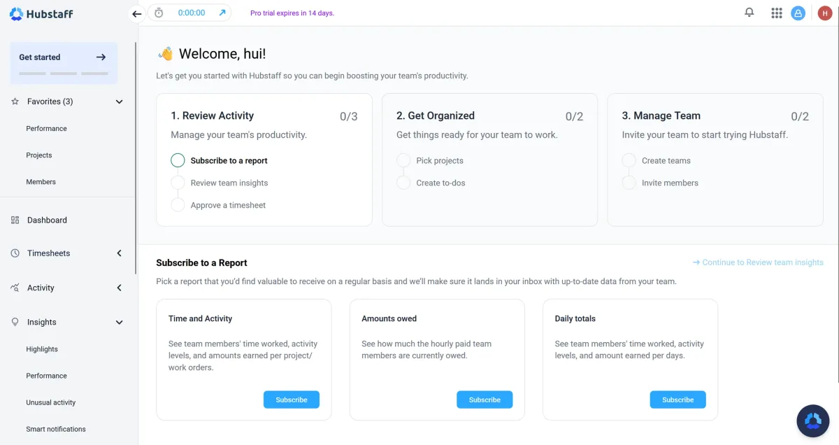  The intuitive Hubstaff dashboard makes it easy to get started and provides instant insights into projects, tracked hours, and team activity (excerpt from  hubstaff.com ) 
