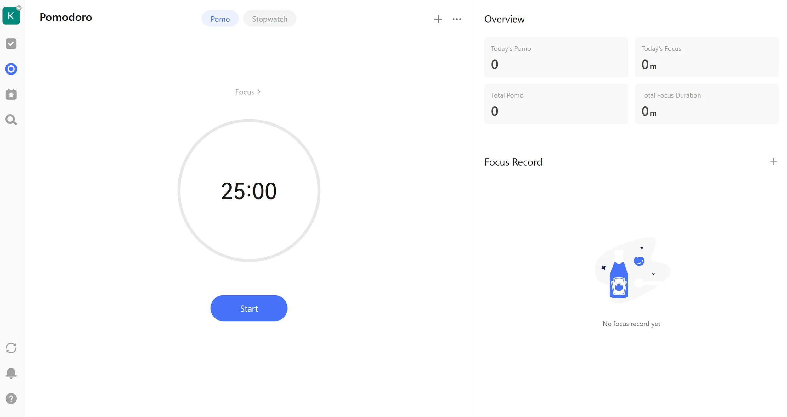   Built-in Pomodoro timer and stopwatch for focused work. (Own screenshot from TickTick)  