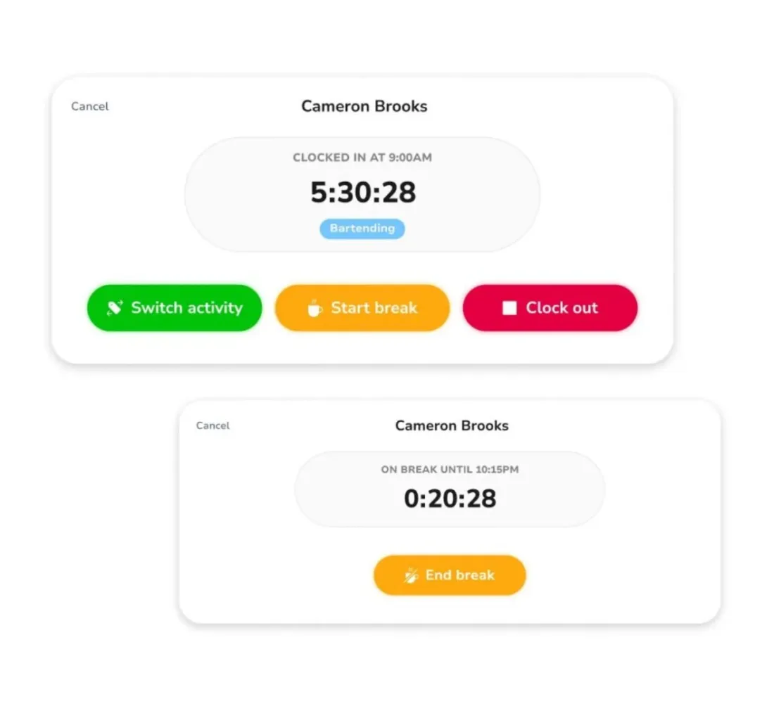 Jibble app with a running time clock at 5:30:28, activity “Bartending” and the buttons switch activity, start break and clock out