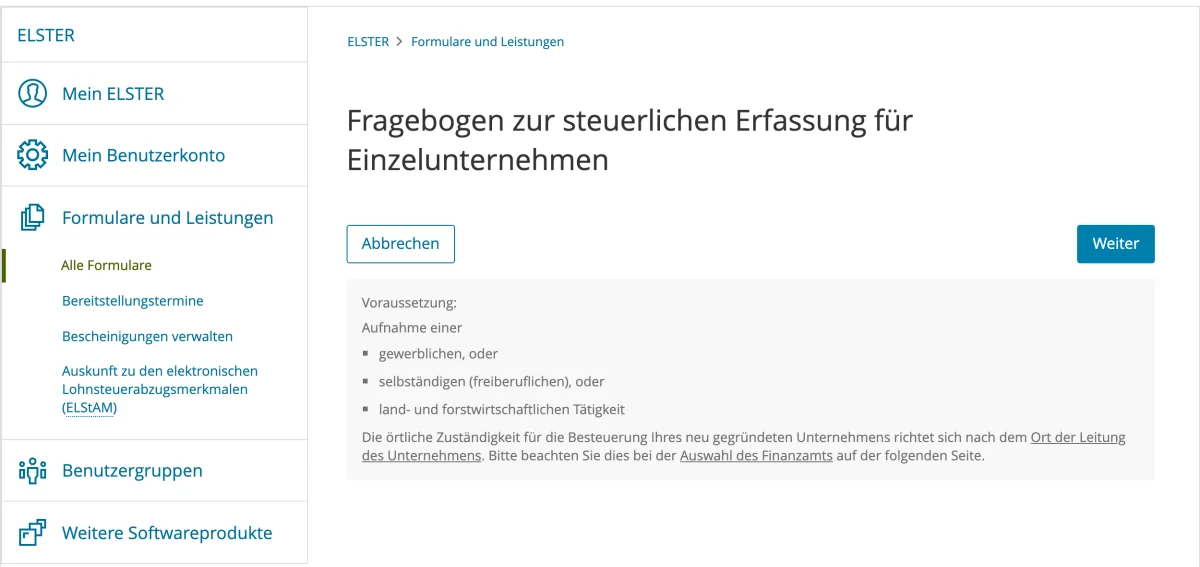 Einstiegsseite des Fragebogens zur steuerlichen Erfassung in ELSTER