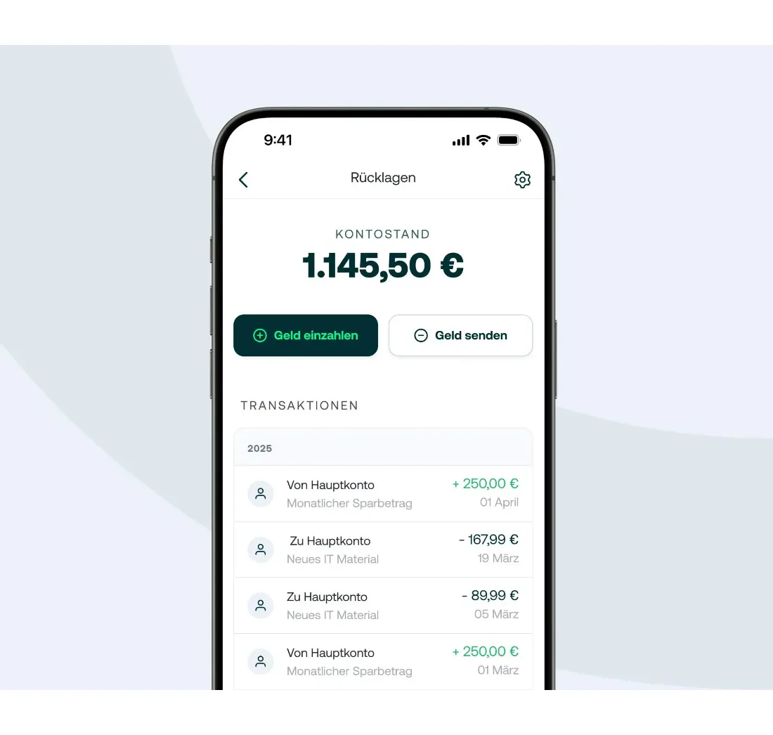 Kontist-App mit dem Rücklagen-Konto: Kontostand 1.145,50 €, Buttons „Geld einzahlen“ und „Geld senden“, Transaktionsliste