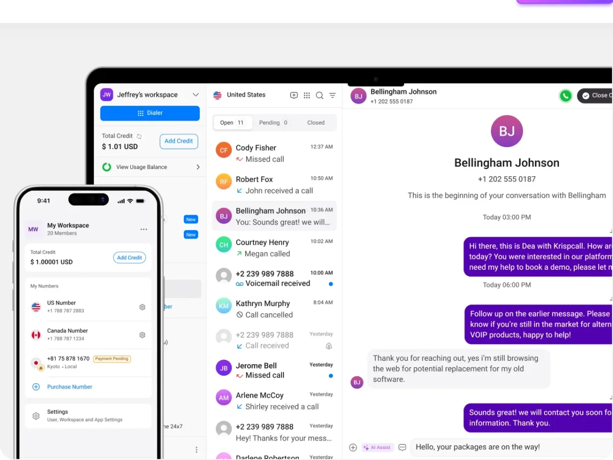 KrispCall-Dashboard mit Dialer, Anrufliste und SMS-Konversation, daneben die Mobil-App mit Nummernverwaltung
