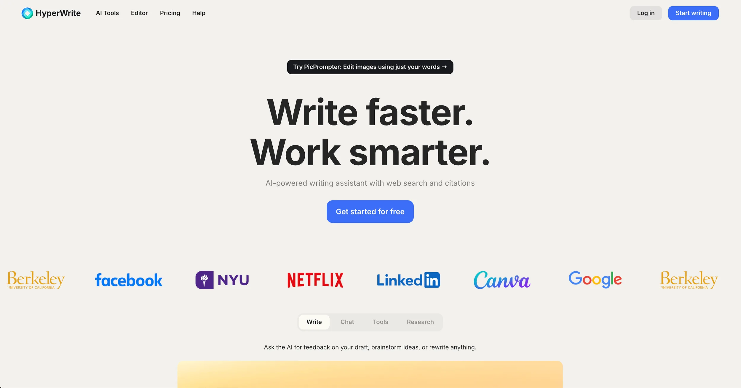   HyperWrite landing page (excerpt from    hyperwrite.ai   )  
