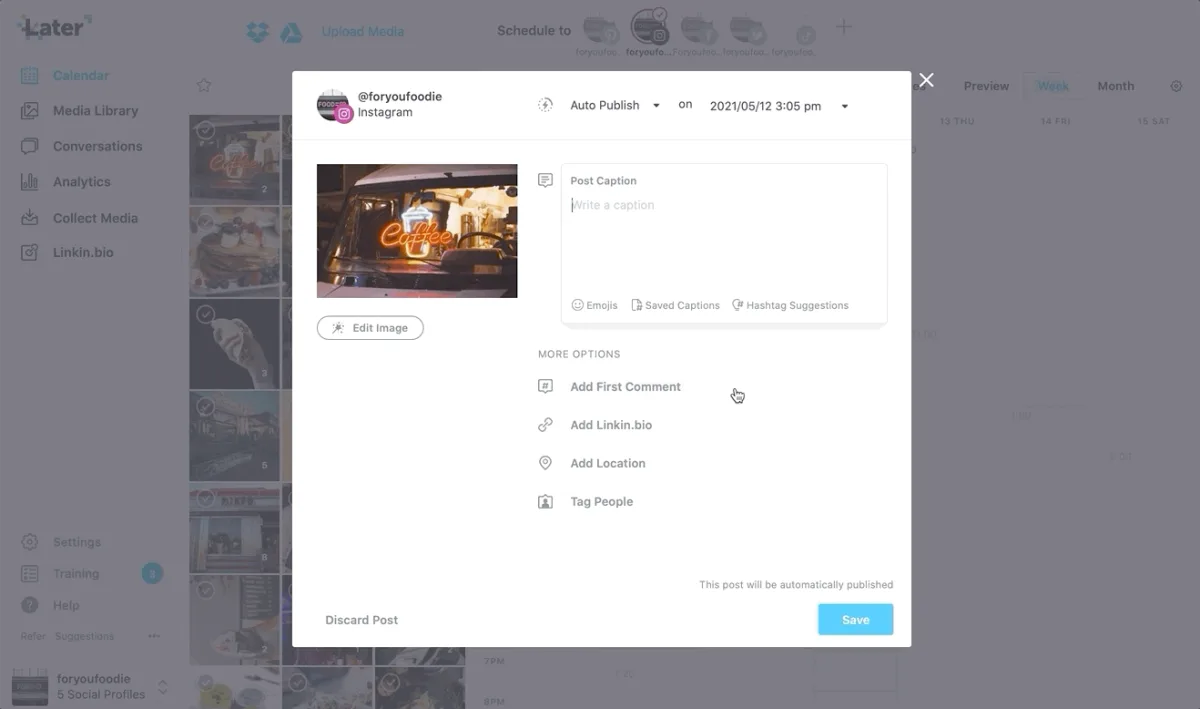 Later post editor showing auto-publish and extra options
