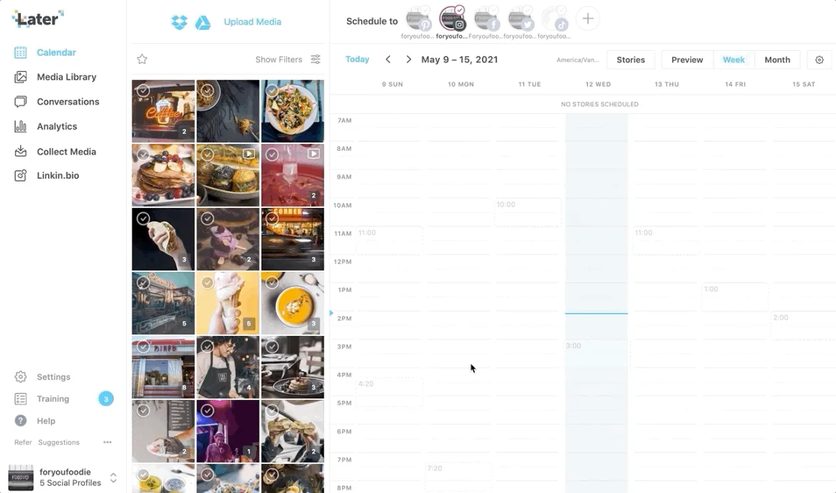 Later calendar view with media library and weekly planning