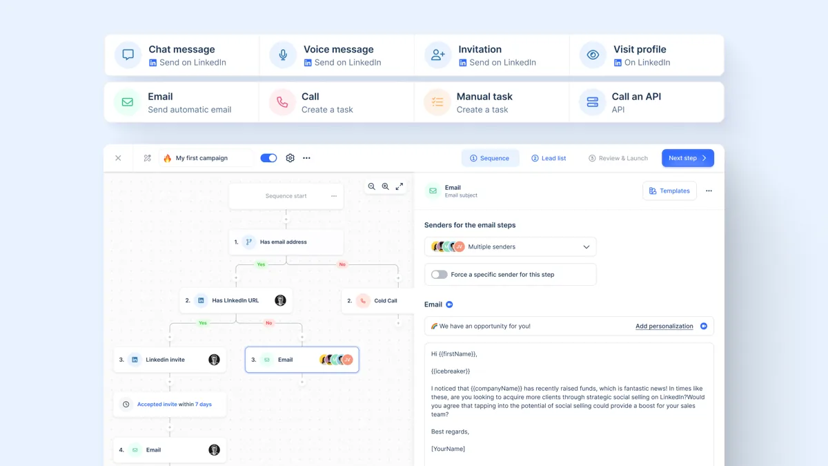 lemlist multichannel campaign builder with email, LinkedIn and call steps