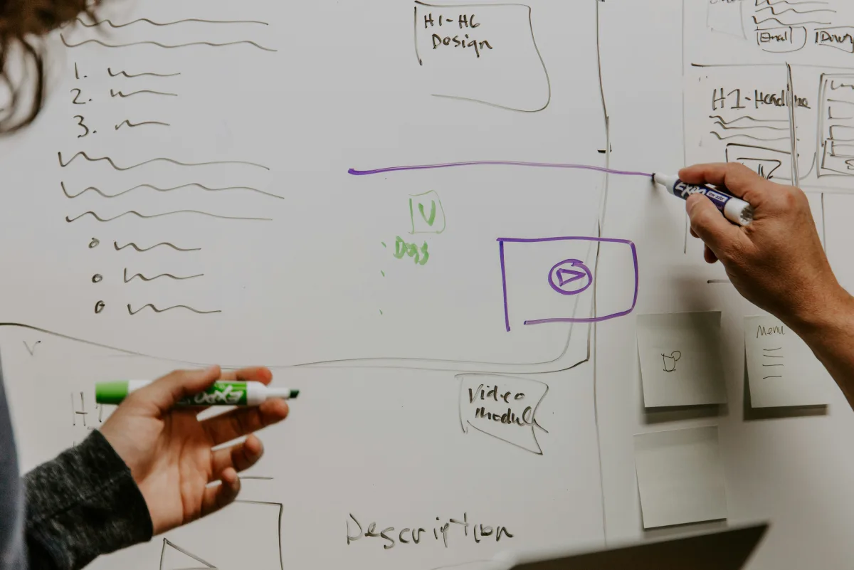 Zwei Personen planen Marketing-Funnel auf einem Whiteboard