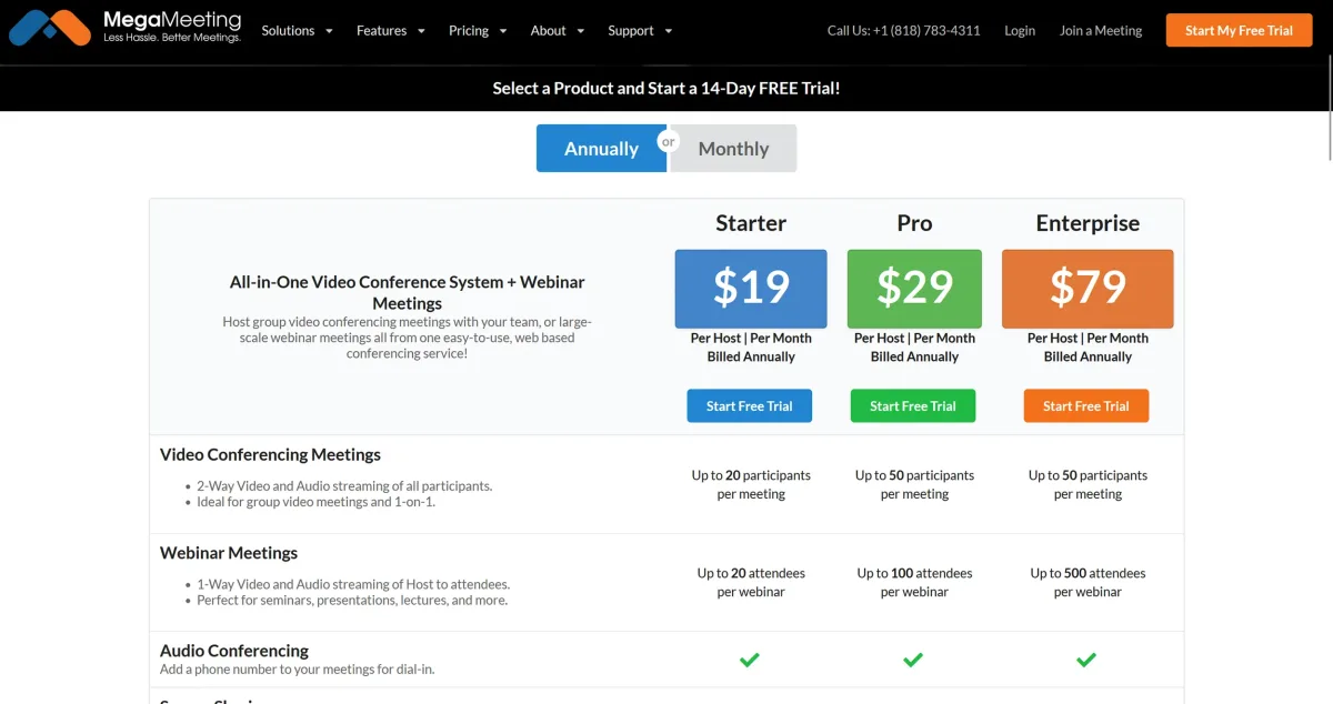   MegaMeeting subscription pricing overview. (Excerpt from    megameeting.com   )  