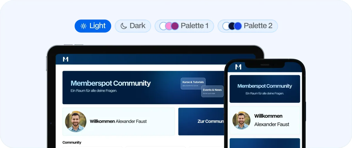 Memberspot White-Label-Branding auf Tablet und Smartphone mit Light/Dark-Paletten