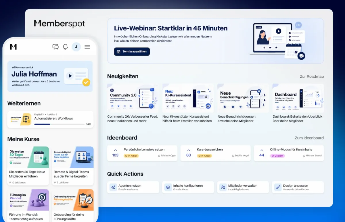 Memberspot member area on desktop and mobile: welcome box, continue-learning progress, course tiles, news and idea board