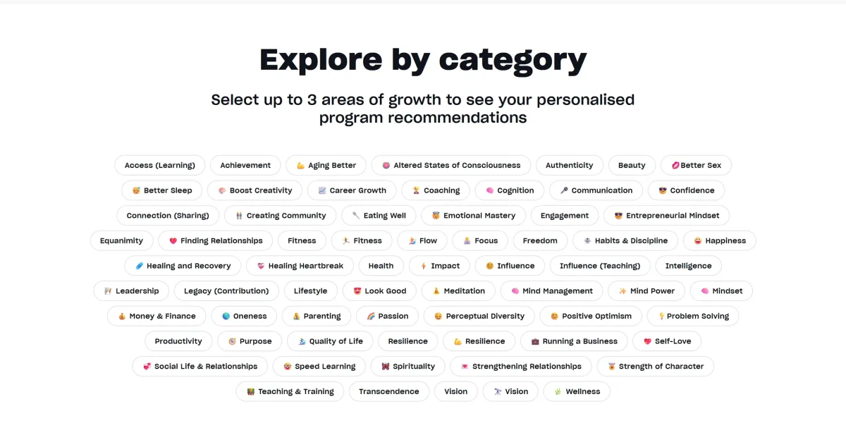 Mindvalley provides a wide range of categories and programs for personal development (excerpt from mindvalley.com ) Mindvalley provides a wide range of categories and programs for personal development (excerpt from mindvalley.com )