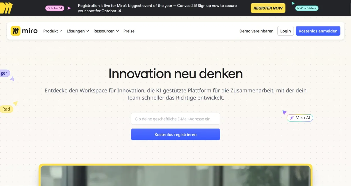   Miro landing page (excerpt from    miro.com   )  