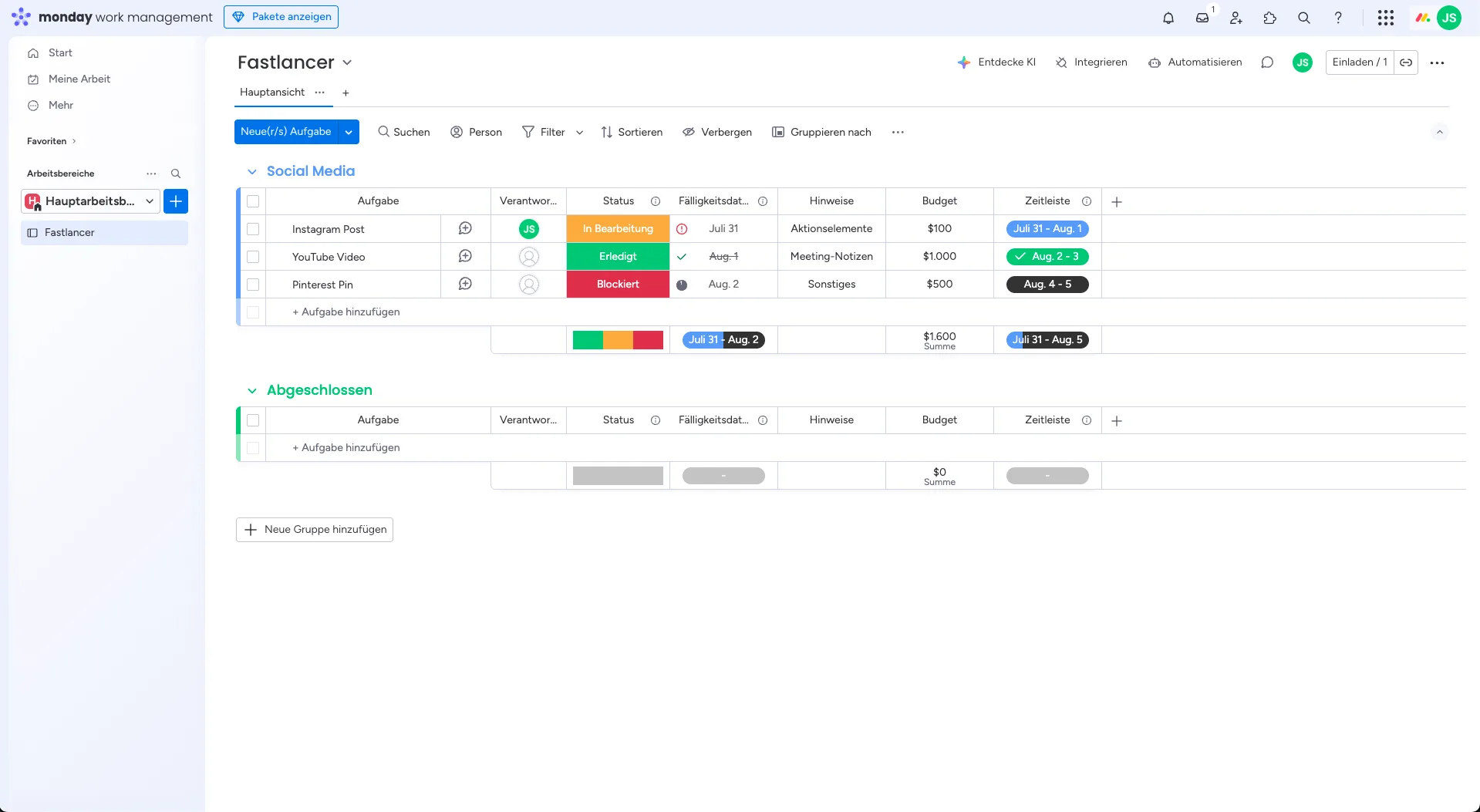   Example board in    monday.com    for managing social media tasks with status and budget. (Own screenshot from    monday.com   )  