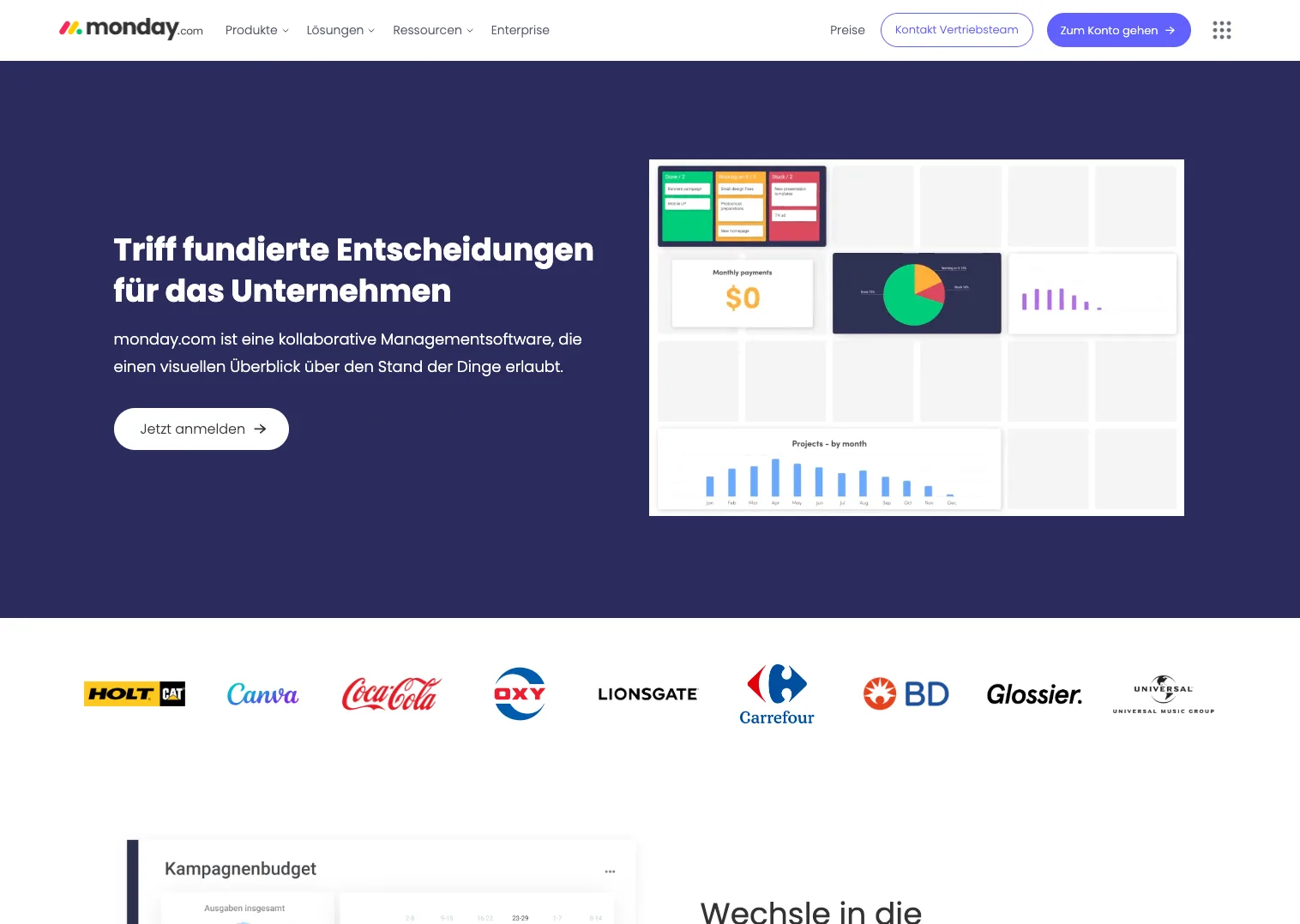  Website von  Monday.com  mit Überblicksfunktionen für Projekt- und Teammanagement.  (Auszug von    monday.com   )  