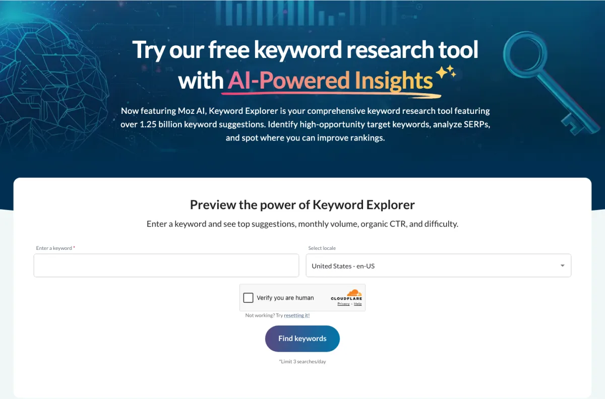 Moz Keyword Explorer landing page with the free keyword preview form