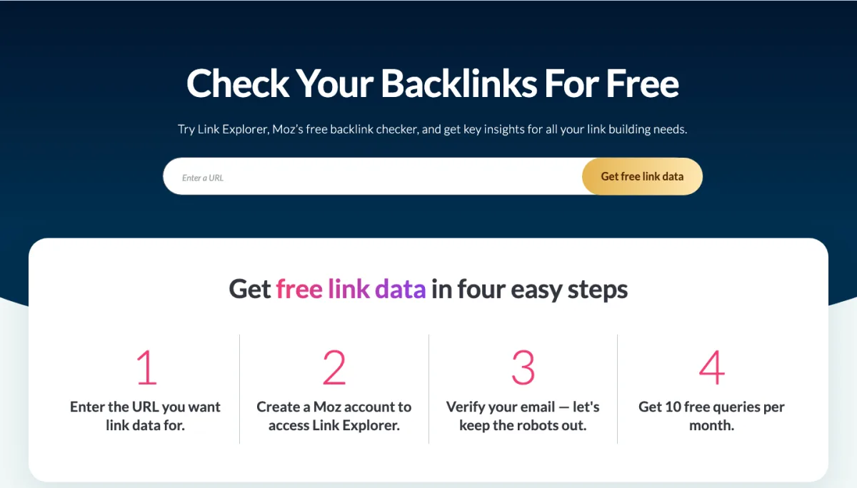 Moz Link Explorer page offering free backlink data after sign-up