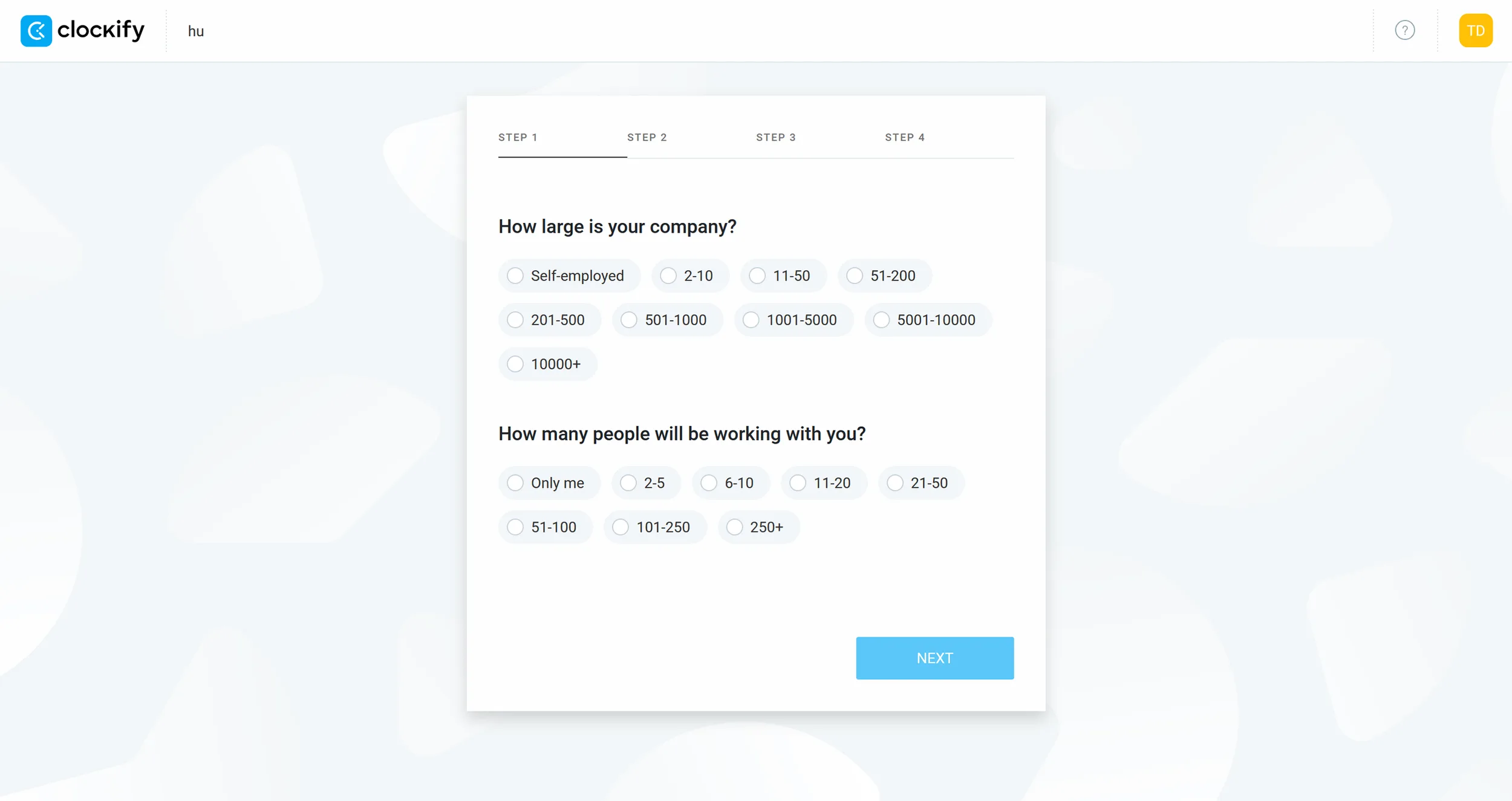 Quick and straightforward account setup for time tracking and invoicing — solo or with a team. (Own screenshot from Clockify)