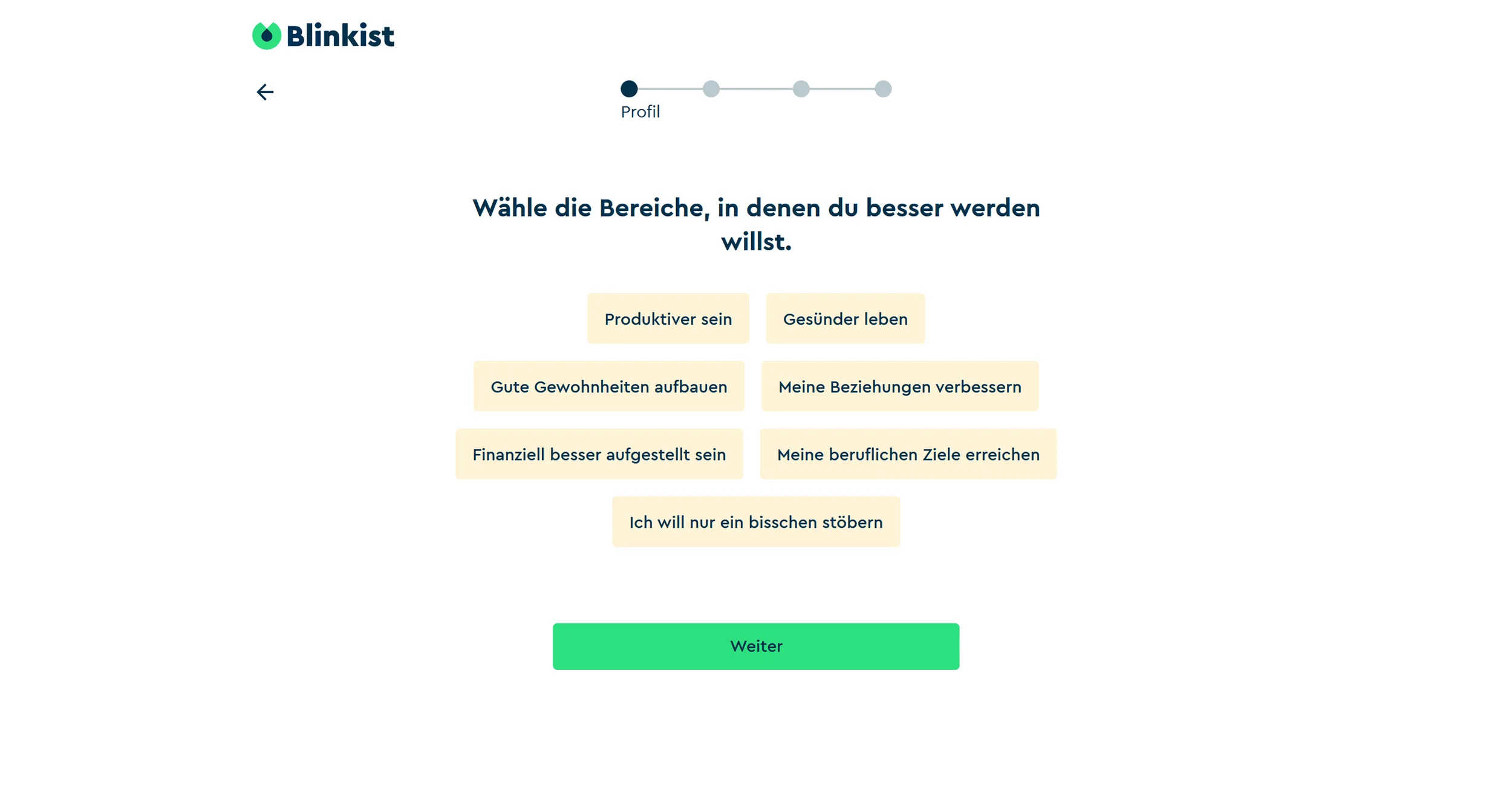   A broad range of interest areas opens up during onboarding. (Excerpt from    blinkist.com   )  