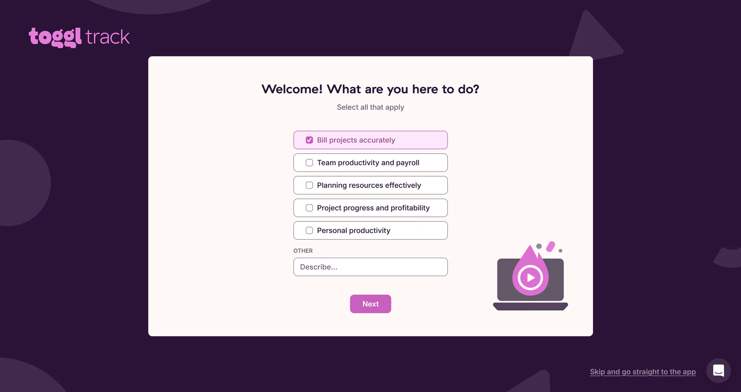  Quick and straightforward project setup for time tracking and invoicing — solo or with a team. (Own screenshot from Toggl Track) 