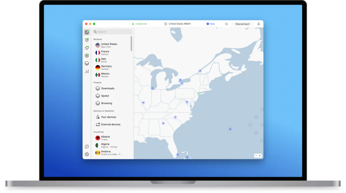 NordVPN Mac-App mit aktiver US-Verbindung und Server-Karte