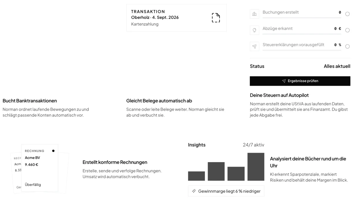 Norman-Produktansicht: erkannte Transaktion, Status-Panel mit Buchungen und Abzügen, Rechnung und Insights-Diagramm