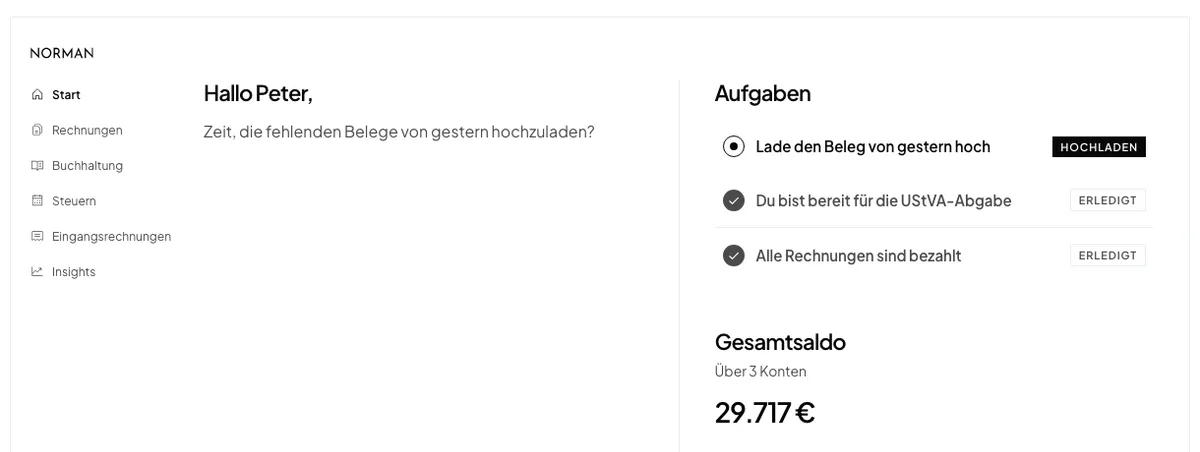 Norman-Dashboard mit Aufgaben und Gesamtsaldo