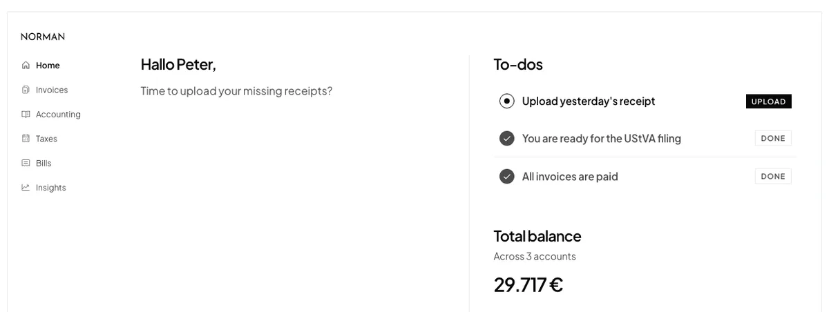 Norman dashboard with to-dos and total balance
